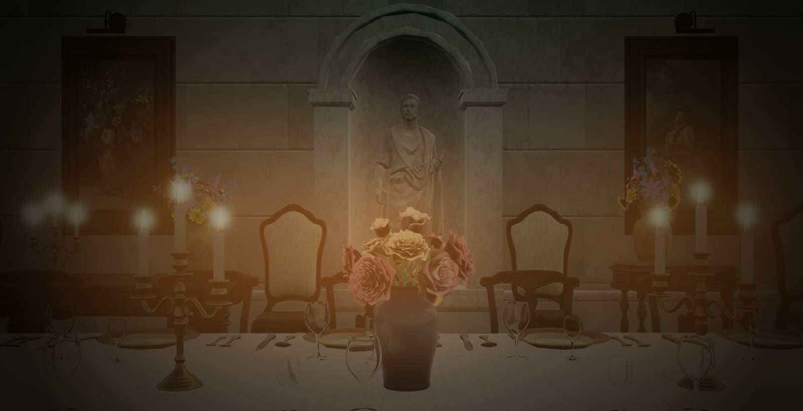 The banquet hall of VEYLHOUSE: a long laid table with candelabras and roses, behind it a statue in a wall niche between two paintings.